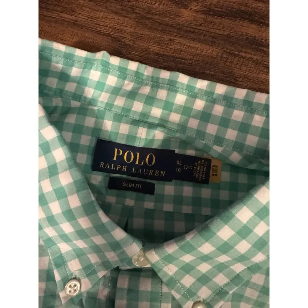 POLO RALPH LAUREN Slim Fit Green White Long Sleeve Cotton Casual Shirt Sz XL